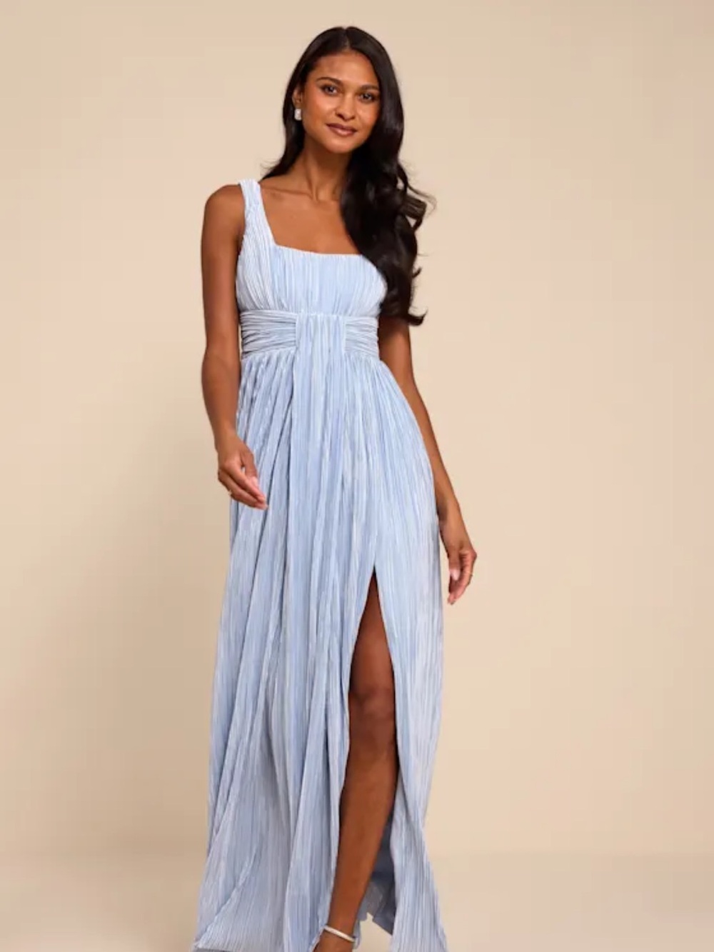 Lulus Ameena Light Blue Plisse Square Neck Sash Maxi Dress Size Large